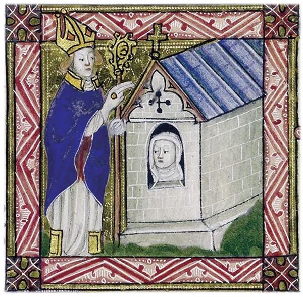 Colourful drawing of a man standing beside a small stone building with a woman looking out of a window. The man is in blue robes and a golden bishop's mitre, holding a crozier and extending two fingers in a blessing. The building looks like a chapel, with a peaked roof and a cross at the apex. The window is in the end wall, and the woman looking out of it is wearing a white headdress that hides her hair and covers her neck. Only her head is visible. The whole image is surrounded by a decorative frame with geometric designs in red and gold. 